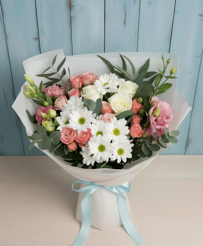 Букет цветов из: Розы, Лизиантусы и Хризантемы в Пришибе