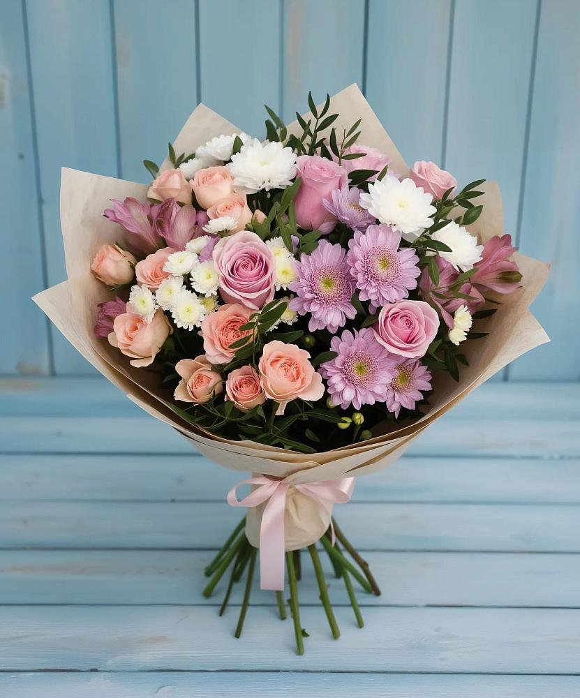 Букет цветов из: Хризантемы, Розы и Альстромерии в Пришибе
