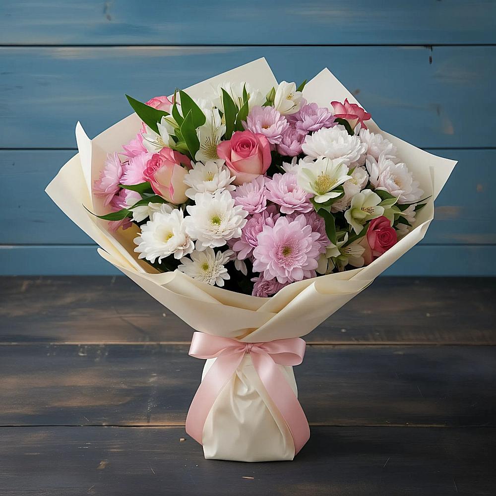 Букет цветов из: Хризантемы, Альстромерии и Розы в Пришибе